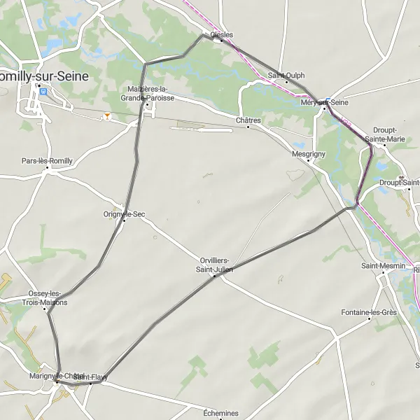 Miniature de la carte de l'inspiration cycliste "La Route des Églises de l'Aube" dans la Champagne-Ardenne, France. Générée par le planificateur d'itinéraire cycliste Tarmacs.app