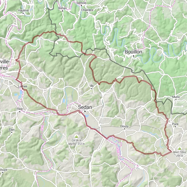 Map miniature of "Gravel Adventure - Montcy-Notre-Dame Loop" cycling inspiration in Champagne-Ardenne, France. Generated by Tarmacs.app cycling route planner