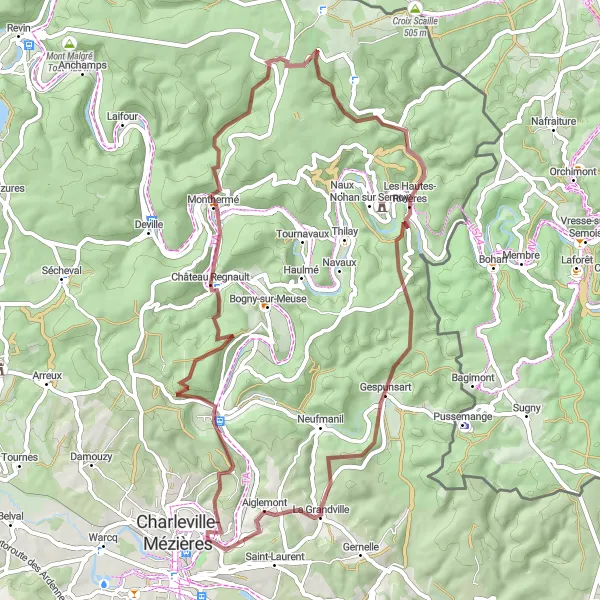 Map miniature of "Gravel Adventure - Aiglemont Loop" cycling inspiration in Champagne-Ardenne, France. Generated by Tarmacs.app cycling route planner