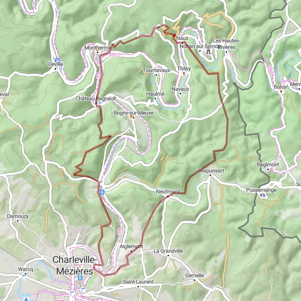 Miniature de la carte de l'inspiration cycliste "Escapade vers Aiglemont" dans la Champagne-Ardenne, France. Générée par le planificateur d'itinéraire cycliste Tarmacs.app