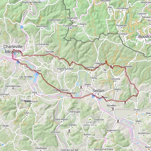 Miniature de la carte de l'inspiration cycliste "Les Chemins de Campagne" dans la Champagne-Ardenne, France. Générée par le planificateur d'itinéraire cycliste Tarmacs.app