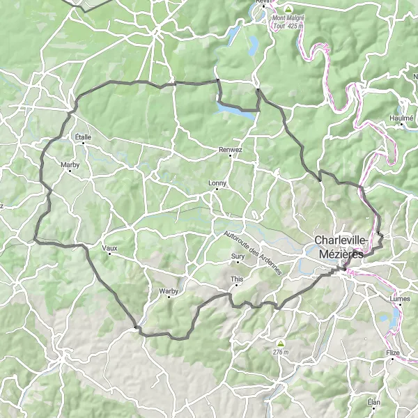 Miniature de la carte de l'inspiration cycliste "Tour panoramique des Vallées" dans la Champagne-Ardenne, France. Générée par le planificateur d'itinéraire cycliste Tarmacs.app