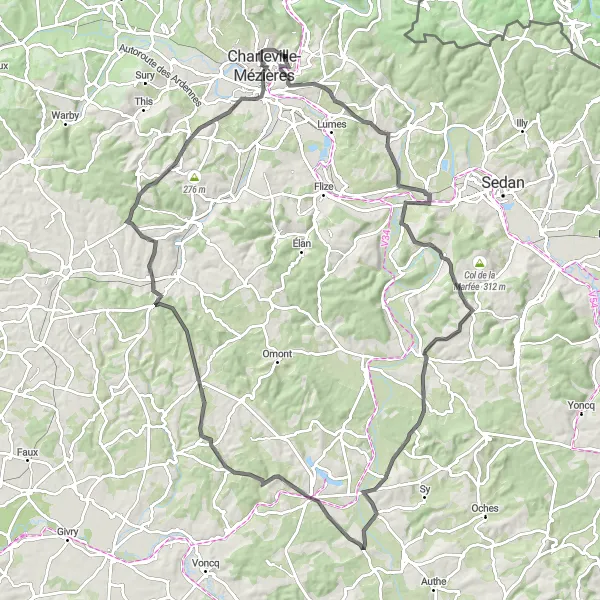 Map miniature of "Les Ardennes Escape" cycling inspiration in Champagne-Ardenne, France. Generated by Tarmacs.app cycling route planner