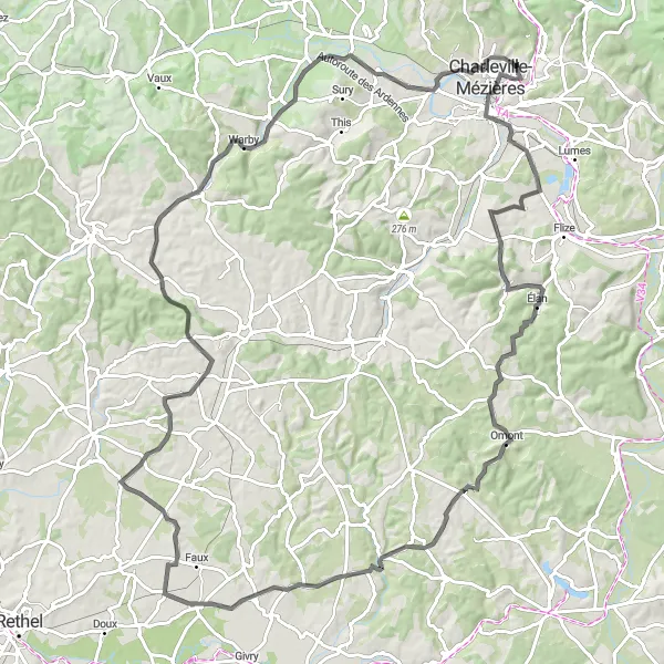 Miniature de la carte de l'inspiration cycliste "Balade à travers les Ardennes" dans la Champagne-Ardenne, France. Générée par le planificateur d'itinéraire cycliste Tarmacs.app