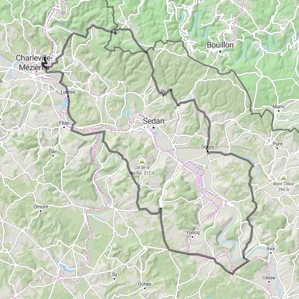 Miniature de la carte de l'inspiration cycliste "Les Collines de l'Argonne" dans la Champagne-Ardenne, France. Générée par le planificateur d'itinéraire cycliste Tarmacs.app