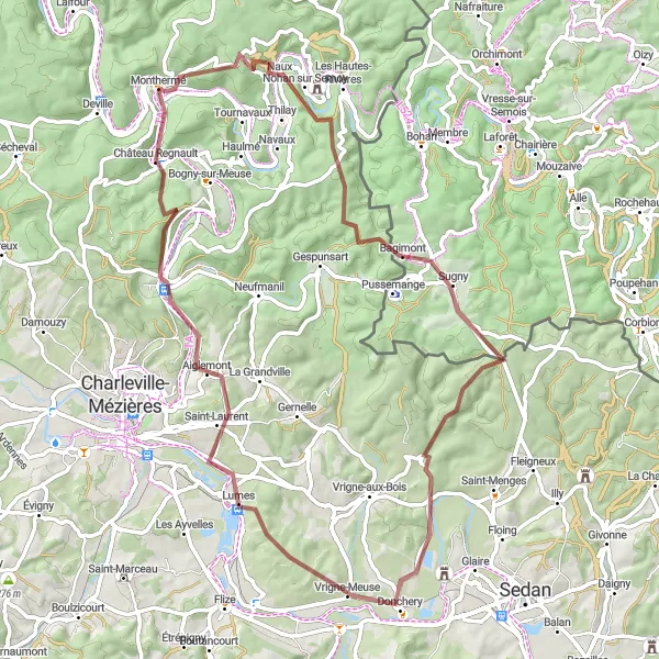 Map miniature of "Gravel Adventure to Roc la Tour" cycling inspiration in Champagne-Ardenne, France. Generated by Tarmacs.app cycling route planner