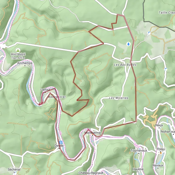 Miniature de la carte de l'inspiration cycliste "Escapade en Vallée" dans la Champagne-Ardenne, France. Générée par le planificateur d'itinéraire cycliste Tarmacs.app