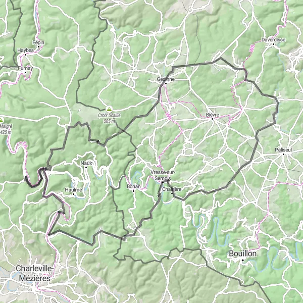 Miniature de la carte de l'inspiration cycliste "Chemin des Rochers Ardennais" dans la Champagne-Ardenne, France. Générée par le planificateur d'itinéraire cycliste Tarmacs.app