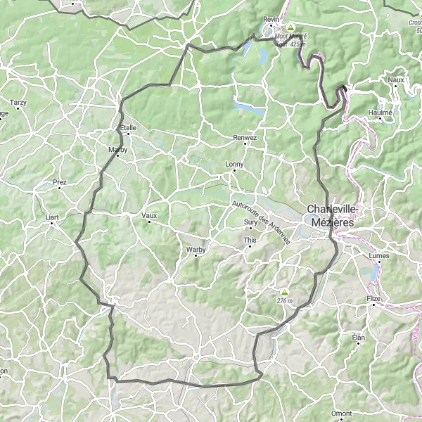 Miniature de la carte de l'inspiration cycliste "Boucle des Villages Ardennais" dans la Champagne-Ardenne, France. Générée par le planificateur d'itinéraire cycliste Tarmacs.app