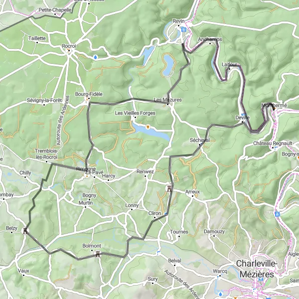 Map miniature of "Discover Cliron and Mont Malgré Tout" cycling inspiration in Champagne-Ardenne, France. Generated by Tarmacs.app cycling route planner