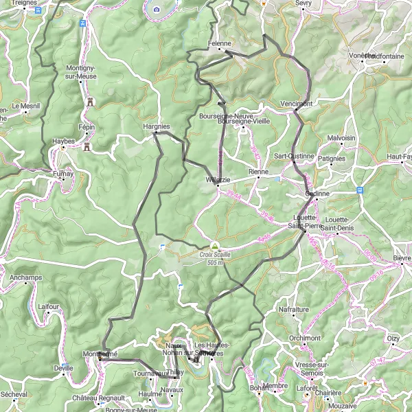 Miniature de la carte de l'inspiration cycliste "Le Tour des Woieries et Thilay" dans la Champagne-Ardenne, France. Générée par le planificateur d'itinéraire cycliste Tarmacs.app