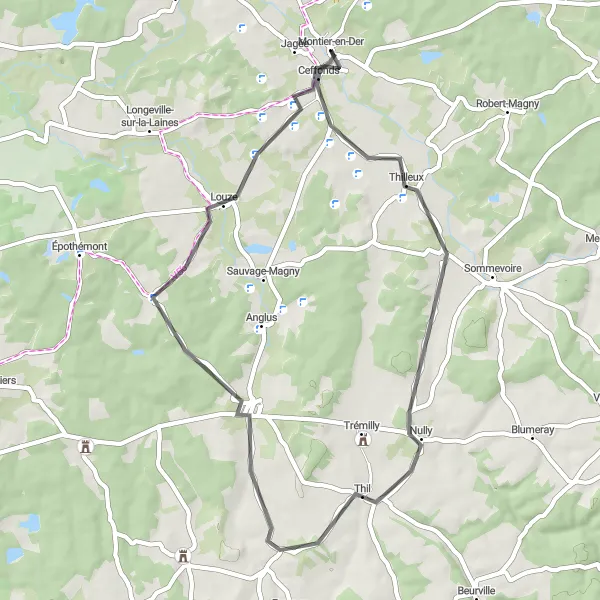 Map miniature of "Ceffonds - Thilleux - Ville-sur-Terre - Soulaines-Dhuys - Louze" cycling inspiration in Champagne-Ardenne, France. Generated by Tarmacs.app cycling route planner