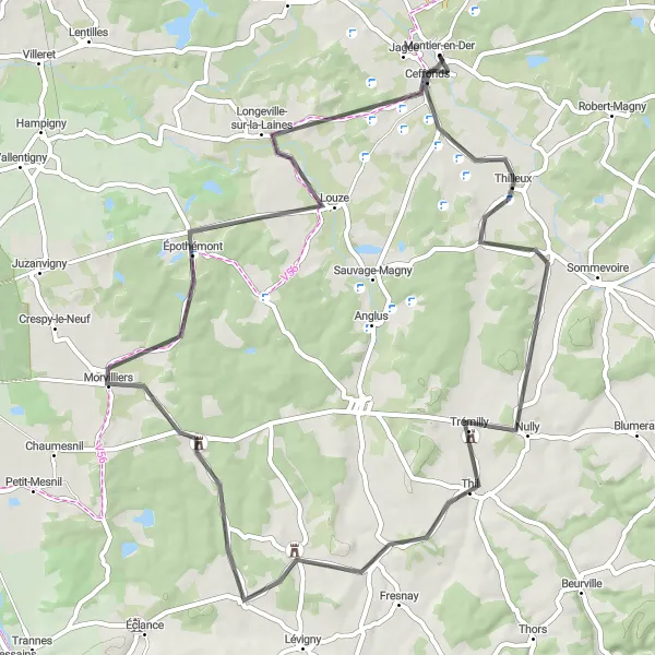 Miniature de la carte de l'inspiration cycliste "Les Collines de Champagne" dans la Champagne-Ardenne, France. Générée par le planificateur d'itinéraire cycliste Tarmacs.app