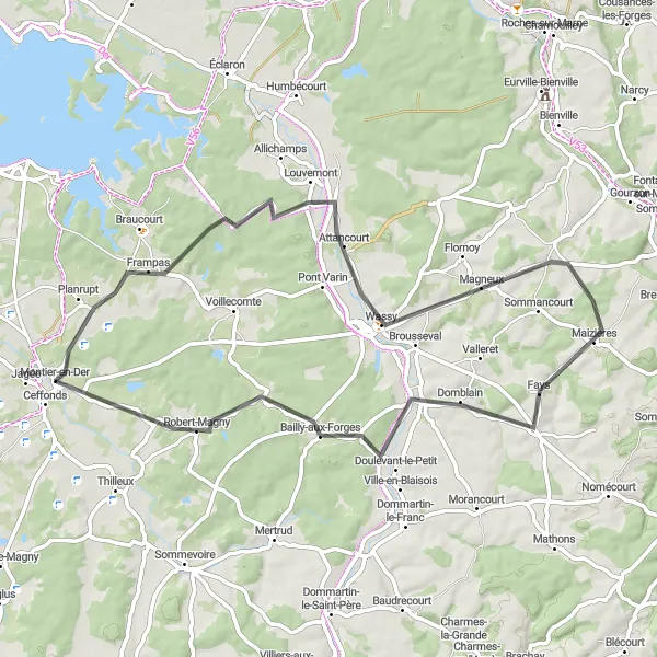 Miniature de la carte de l'inspiration cycliste "Les Vallées de la Marne" dans la Champagne-Ardenne, France. Générée par le planificateur d'itinéraire cycliste Tarmacs.app