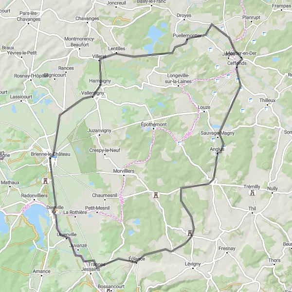 Miniature de la carte de l'inspiration cycliste "Les Châteaux de la Région" dans la Champagne-Ardenne, France. Générée par le planificateur d'itinéraire cycliste Tarmacs.app