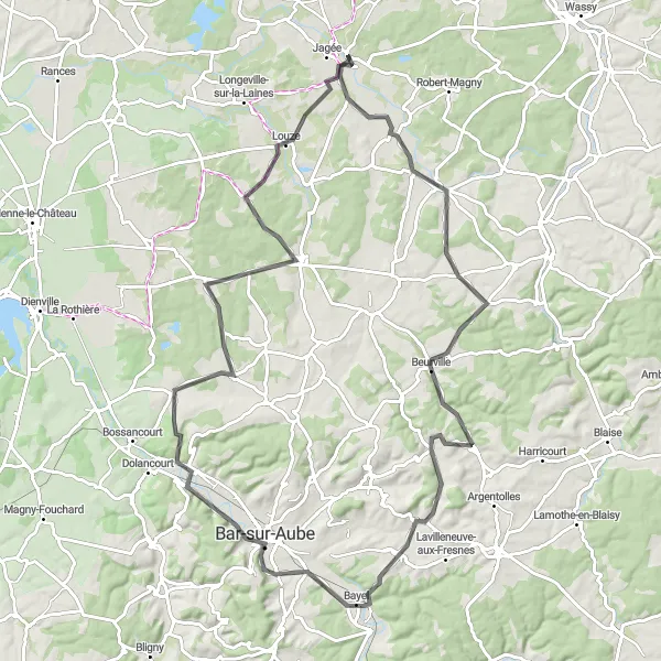Miniature de la carte de l'inspiration cycliste "Boucle pittoresque de Montier-en-Der" dans la Champagne-Ardenne, France. Générée par le planificateur d'itinéraire cycliste Tarmacs.app
