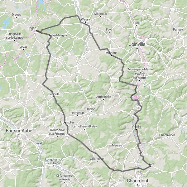 Miniature de la carte de l'inspiration cycliste "Parcours panoramique près de Montier-en-Der" dans la Champagne-Ardenne, France. Générée par le planificateur d'itinéraire cycliste Tarmacs.app