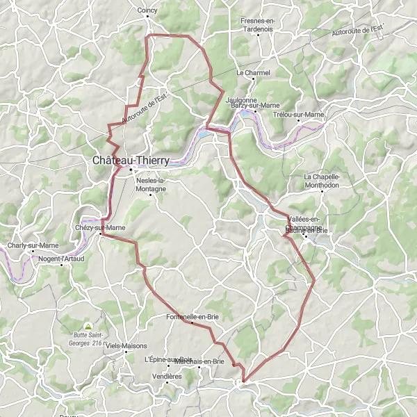 Miniature de la carte de l'inspiration cycliste "Parcours nature et patrimoine en gravel" dans la Champagne-Ardenne, France. Générée par le planificateur d'itinéraire cycliste Tarmacs.app