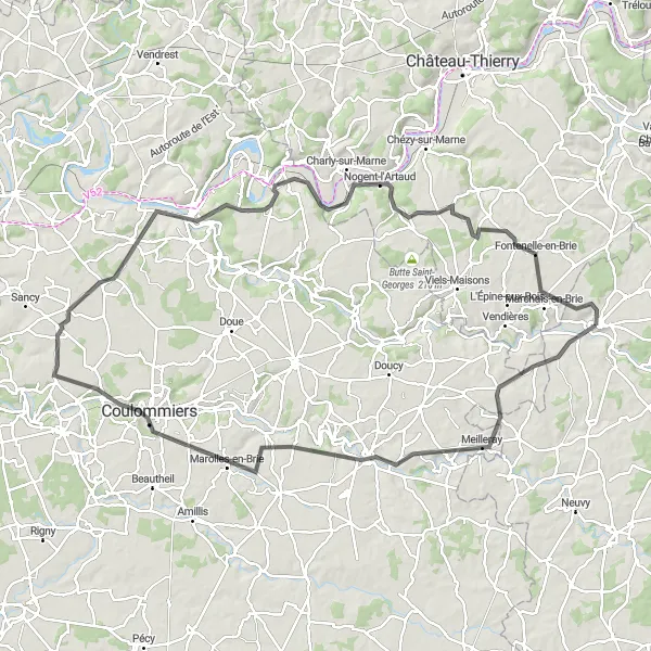 Miniature de la carte de l'inspiration cycliste "La Route des Châteaux de la Brie" dans la Champagne-Ardenne, France. Générée par le planificateur d'itinéraire cycliste Tarmacs.app