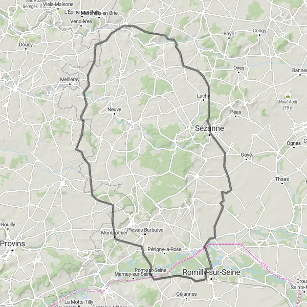 Miniature de la carte de l'inspiration cycliste "Parcours Historique autour de Montmirail" dans la Champagne-Ardenne, France. Générée par le planificateur d'itinéraire cycliste Tarmacs.app