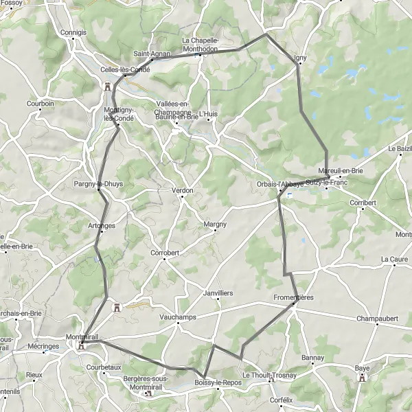 Map miniature of "Montmirail - Suizy-le-Franc Circuit" cycling inspiration in Champagne-Ardenne, France. Generated by Tarmacs.app cycling route planner
