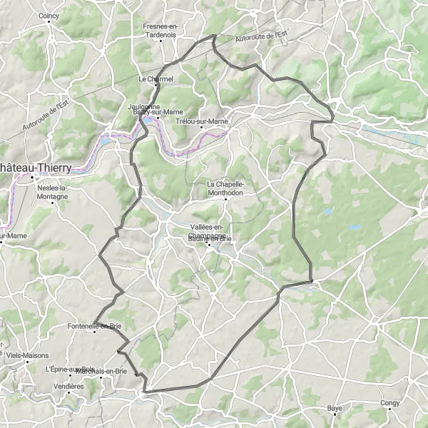Miniature de la carte de l'inspiration cycliste "Parcours vallonné à travers la Brie champenoise" dans la Champagne-Ardenne, France. Générée par le planificateur d'itinéraire cycliste Tarmacs.app