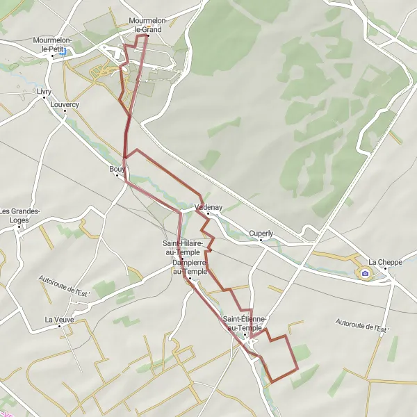 Map miniature of "EQ2: Dampierre-au-Temple, Vadenay, Mourmelon-le-Grand Loop" cycling inspiration in Champagne-Ardenne, France. Generated by Tarmacs.app cycling route planner