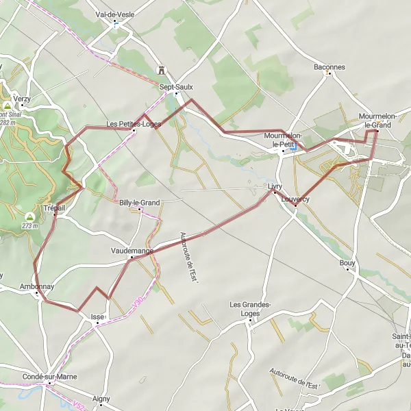 Map miniature of "EP1: Vaudemange, Trépail, Mourmelon-le-Petit Loop" cycling inspiration in Champagne-Ardenne, France. Generated by Tarmacs.app cycling route planner