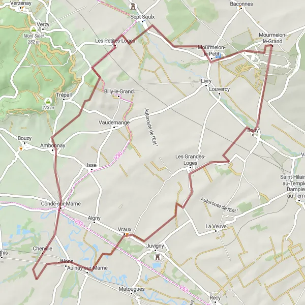 Miniature de la carte de l'inspiration cycliste "Tour de la Champagne entre Mourmelon-le-Grand et Mourmelon-le-Petit" dans la Champagne-Ardenne, France. Générée par le planificateur d'itinéraire cycliste Tarmacs.app