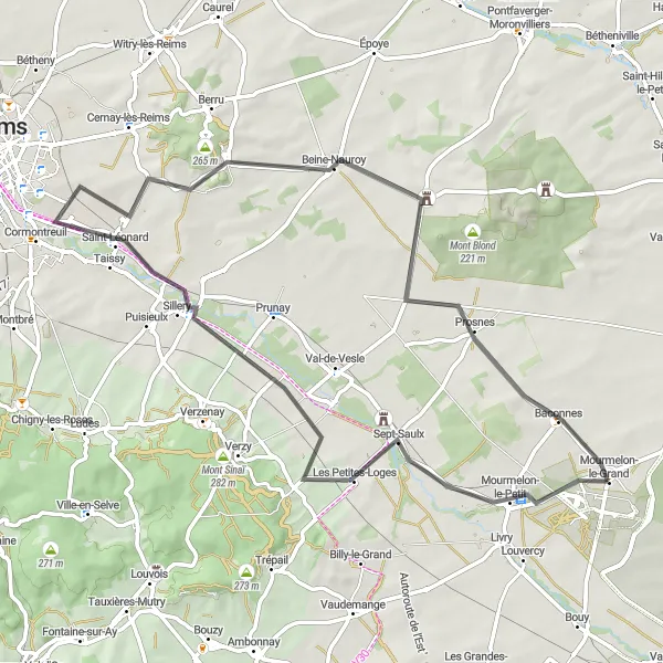 Miniature de la carte de l'inspiration cycliste "Boucle de Mourmelon-le-Petit" dans la Champagne-Ardenne, France. Générée par le planificateur d'itinéraire cycliste Tarmacs.app