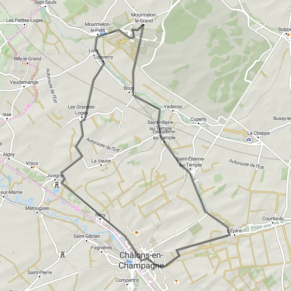 Map miniature of "RC3: Dampierre-au-Temple, Châlons-en-Champagne, Les Grandes-Loges, Mourmelon-le-Petit Loop" cycling inspiration in Champagne-Ardenne, France. Generated by Tarmacs.app cycling route planner