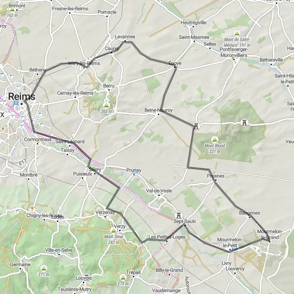 Miniature de la carte de l'inspiration cycliste "Boucle autour de Mourmelon-le-Grand" dans la Champagne-Ardenne, France. Générée par le planificateur d'itinéraire cycliste Tarmacs.app