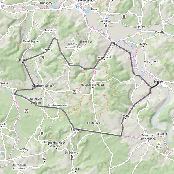 Miniature de la carte de l'inspiration cycliste "Bike through the Ardennes Forest" dans la Champagne-Ardenne, France. Générée par le planificateur d'itinéraire cycliste Tarmacs.app