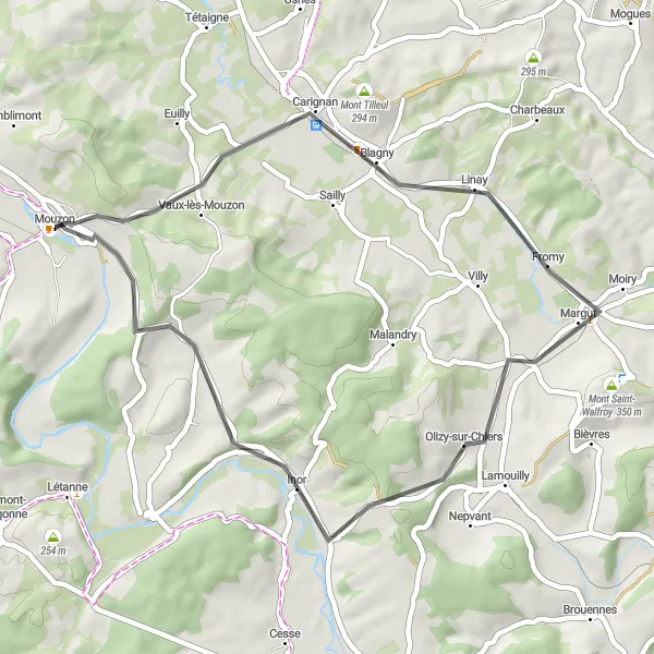 Map miniature of "The Road Expedition through Vaux-lès-Mouzon and La Ferté-sur-Chiers" cycling inspiration in Champagne-Ardenne, France. Generated by Tarmacs.app cycling route planner