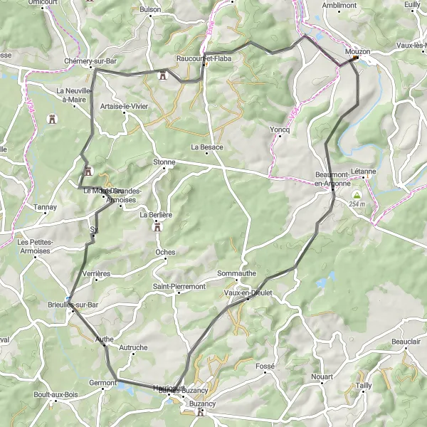 Map miniature of "Bar-lès-Buzancy Circuit" cycling inspiration in Champagne-Ardenne, France. Generated by Tarmacs.app cycling route planner