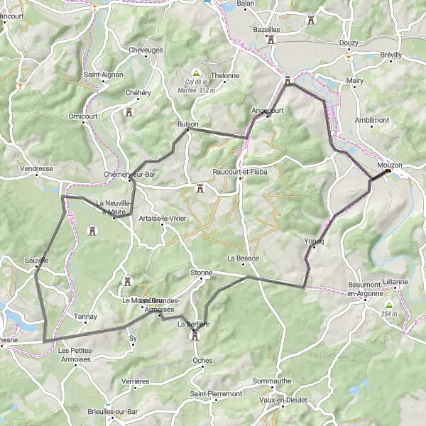 Map miniature of "The Mont-Dieu Loop" cycling inspiration in Champagne-Ardenne, France. Generated by Tarmacs.app cycling route planner