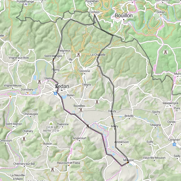 Map miniature of "The Road Adventure through Villers-devant-Mouzon" cycling inspiration in Champagne-Ardenne, France. Generated by Tarmacs.app cycling route planner