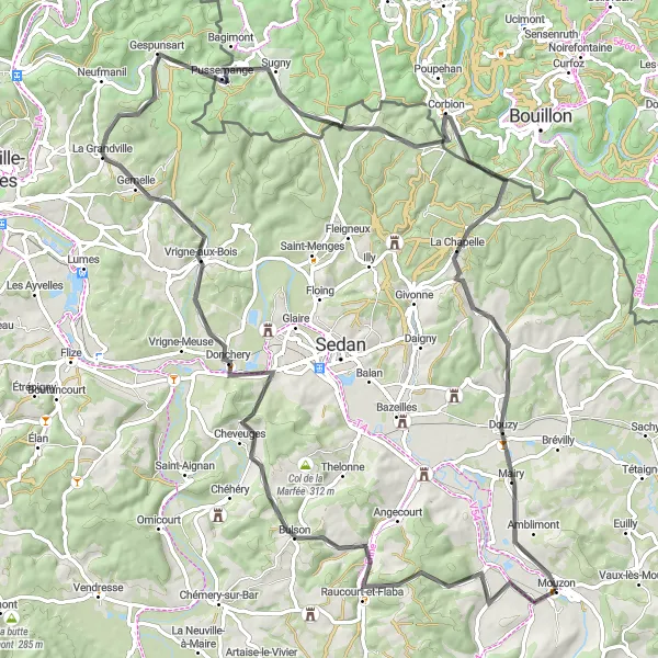 Map miniature of "The Legendary Road Challenge through Raucourt-et-Flaba" cycling inspiration in Champagne-Ardenne, France. Generated by Tarmacs.app cycling route planner