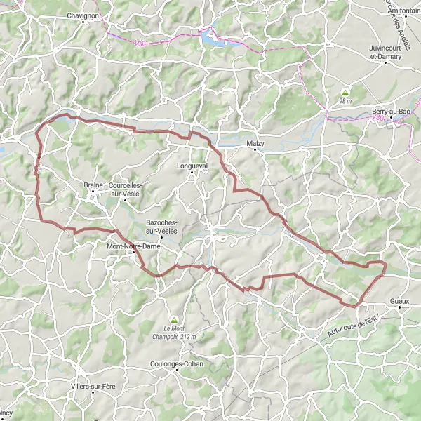 Map miniature of "The Hilly Gravel Ride" cycling inspiration in Champagne-Ardenne, France. Generated by Tarmacs.app cycling route planner