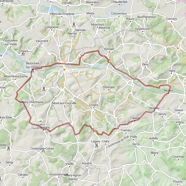 Map miniature of "Gravel Adventure through Faverolles-et-Coëmy and Bazoches-sur-Vesles" cycling inspiration in Champagne-Ardenne, France. Generated by Tarmacs.app cycling route planner