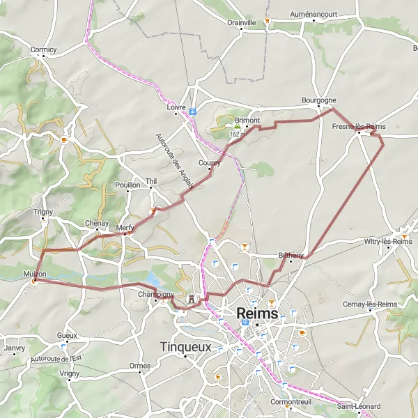 Miniature de la carte de l'inspiration cycliste "Boucle des Chemins de Campagne" dans la Champagne-Ardenne, France. Générée par le planificateur d'itinéraire cycliste Tarmacs.app