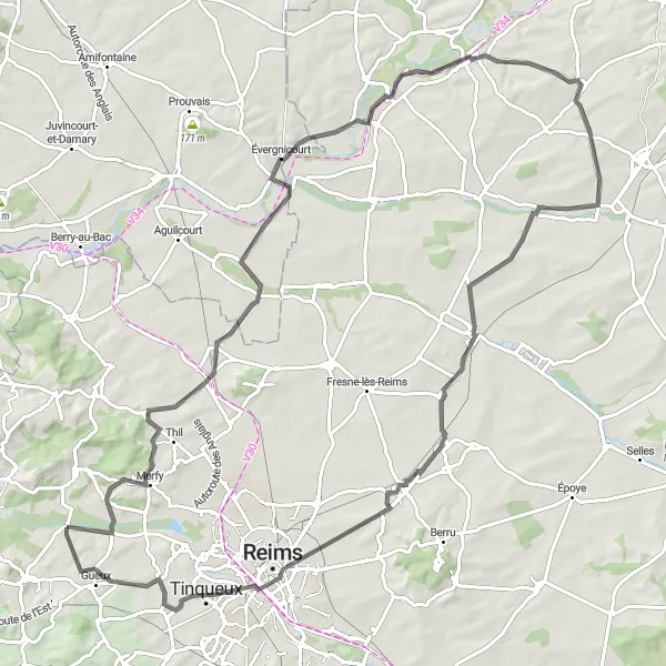 Map miniature of "The Champagne Circuit" cycling inspiration in Champagne-Ardenne, France. Generated by Tarmacs.app cycling route planner
