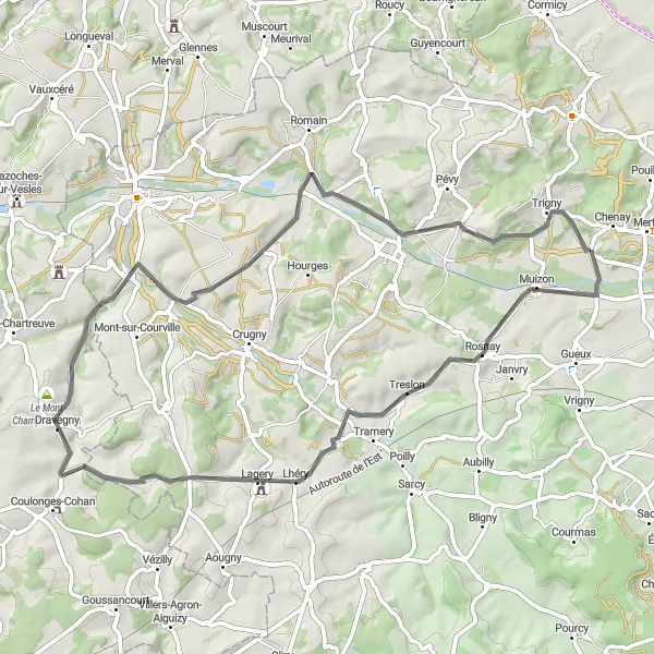 Map miniature of "Road Cycling Adventure through Faverolles-et-Coëmy and Prouilly" cycling inspiration in Champagne-Ardenne, France. Generated by Tarmacs.app cycling route planner