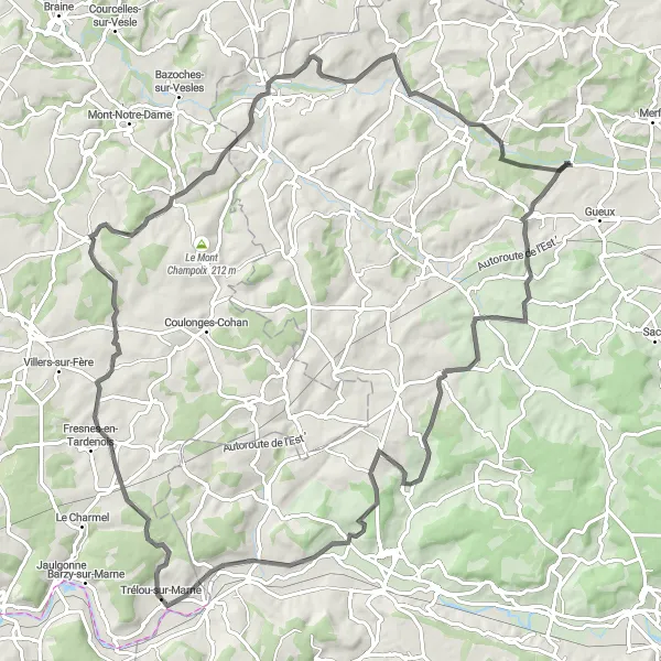 Miniature de la carte de l'inspiration cycliste "Circuit routier de Muizon à Breuil-sur-Vesle" dans la Champagne-Ardenne, France. Générée par le planificateur d'itinéraire cycliste Tarmacs.app