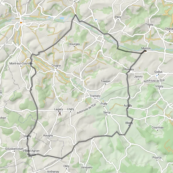 Map miniature of "Road Cycling Discovery through Méry-Prémecy and Jonchery-sur-Vesle" cycling inspiration in Champagne-Ardenne, France. Generated by Tarmacs.app cycling route planner