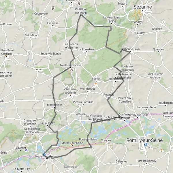 Miniature de la carte de l'inspiration cycliste "Les boucles de la Seine" dans la Champagne-Ardenne, France. Générée par le planificateur d'itinéraire cycliste Tarmacs.app