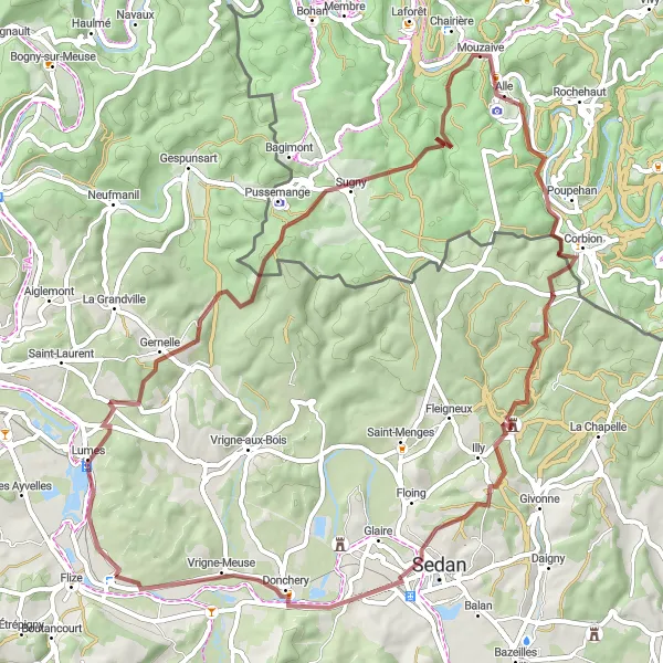 Miniature de la carte de l'inspiration cycliste "Les Chemins de Traverse" dans la Champagne-Ardenne, France. Générée par le planificateur d'itinéraire cycliste Tarmacs.app