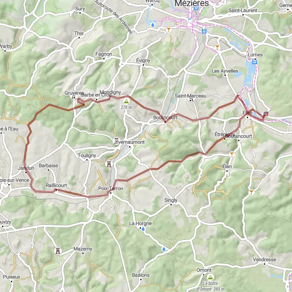 Miniature de la carte de l'inspiration cycliste "Les Sentiers Secrets" dans la Champagne-Ardenne, France. Générée par le planificateur d'itinéraire cycliste Tarmacs.app
