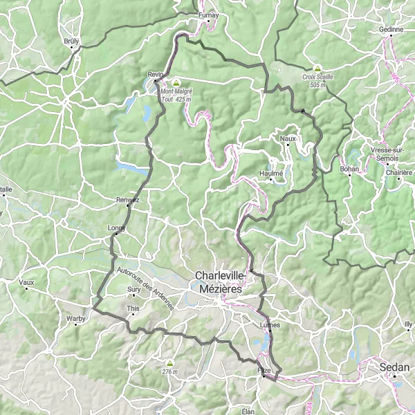 Map miniature of "The Ardennes Challenge" cycling inspiration in Champagne-Ardenne, France. Generated by Tarmacs.app cycling route planner