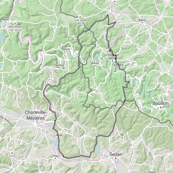 Miniature de la carte de l'inspiration cycliste "Les Montagnes de l'Ardenne" dans la Champagne-Ardenne, France. Générée par le planificateur d'itinéraire cycliste Tarmacs.app